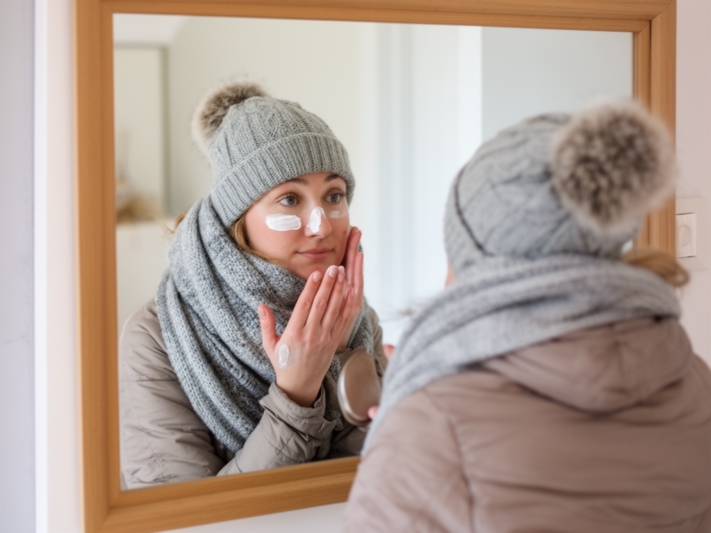 Kobieta podczas pielęgnacji skóry twarzy w okresie zimowym