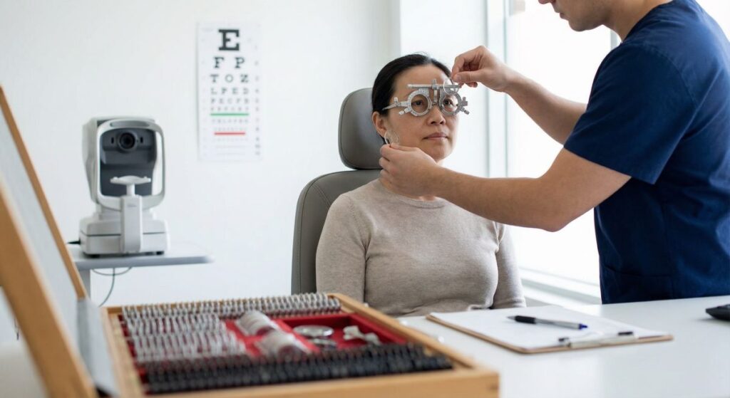 Optometrysta dopasowuje foropter na twarzy pacjentki podczas badania wzroku w gabinecie; w tle tablica do testu ostrości widzenia i sprzęt okulistyczny.