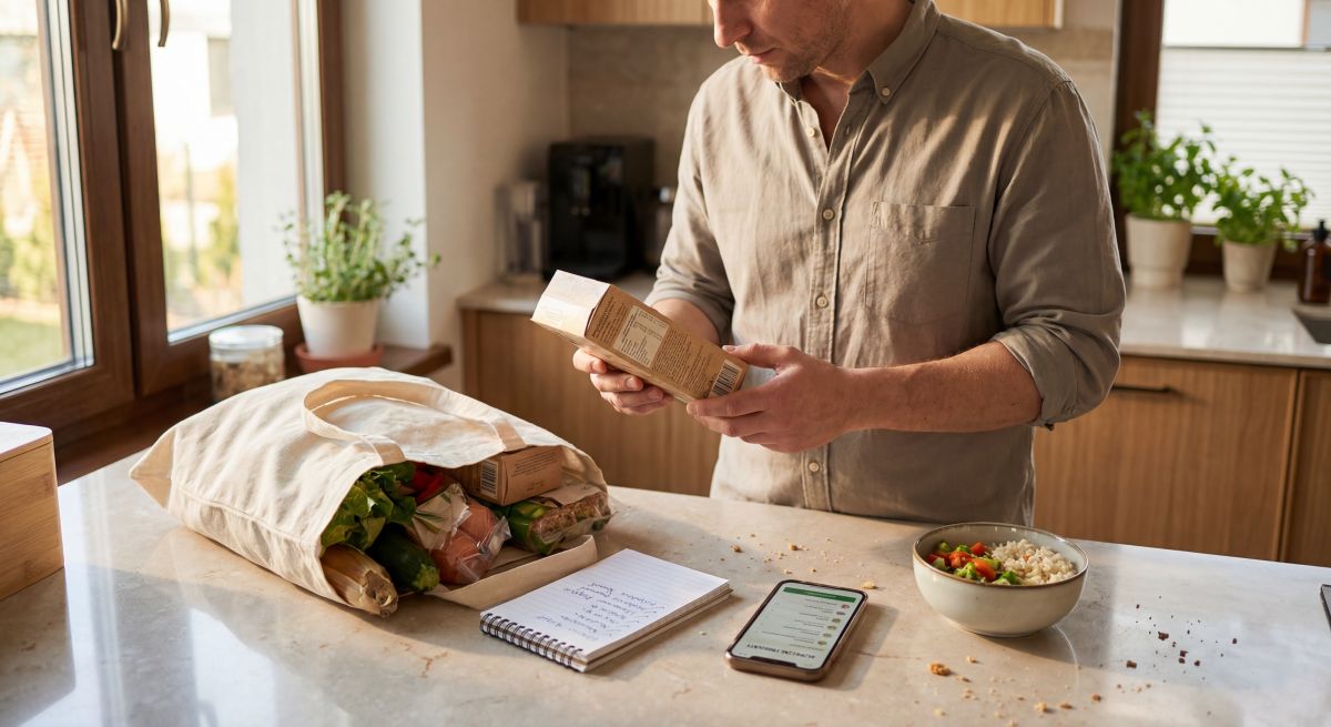 Mężczyzna w kuchni czyta etykietę produktu i planuje posiłek przy zakupach spożywczych, co ilustruje dietetykę i suplementację w leczeniu alergii pokarmowych.