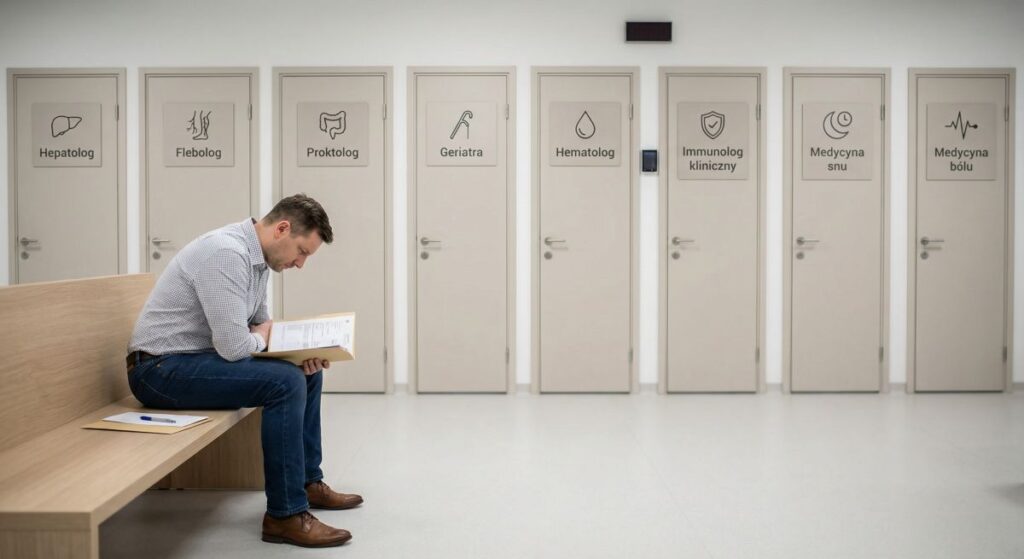 Pacjent siedzi w poczekalni przy gabinetach z nazwami rzadziej znanych specjalizacji lekarskich, które mogą być potrzebne w diagnostyce i leczeniu.