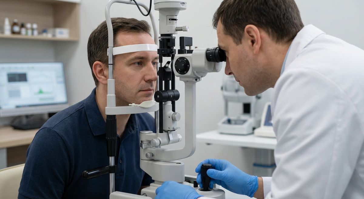 Okulista w białym fartuchu bada pacjenta na lampie szczelinowej; pacjent siedzi z brodą na podpórce, lekarz w niebieskich rękawiczkach patrzy przez okulary urządzenia w gabinecie okulistycznym.