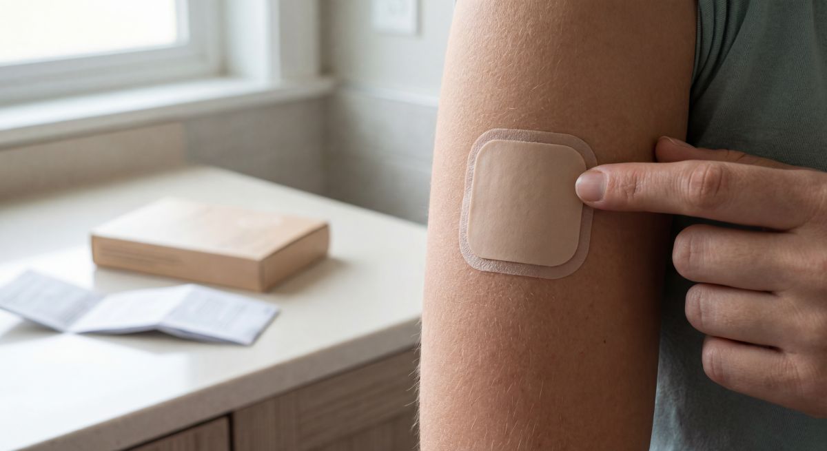 Zbliżenie na ramię z przyklejonym plastrem antykoncepcyjnym; dłoń wskazuje miejsce aplikacji.