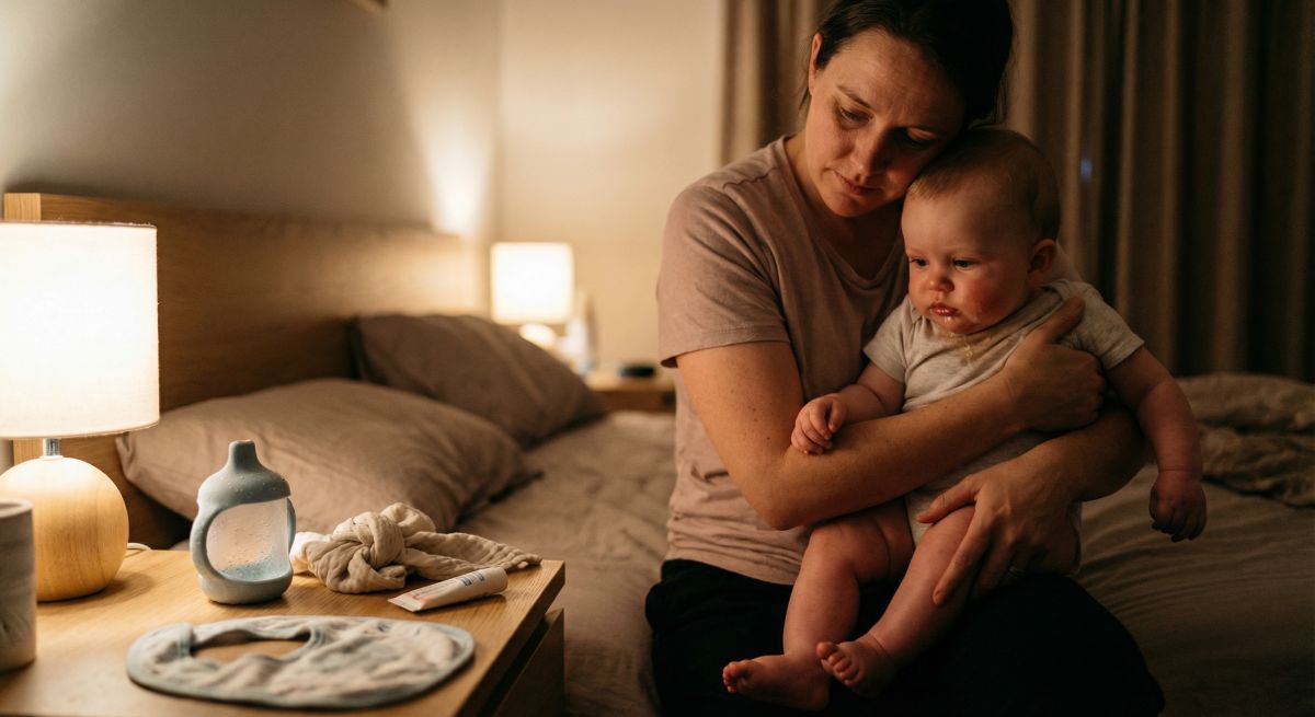 Mama trzyma niemowlę w przytulnie oświetlonej sypialni nocą; na stoliku obok leżą akcesoria dla dziecka, a maluch wygląda na niespokojnego — ujęcie pasujące do tematu ząbkowania i ukojenia bólu dziąseł.