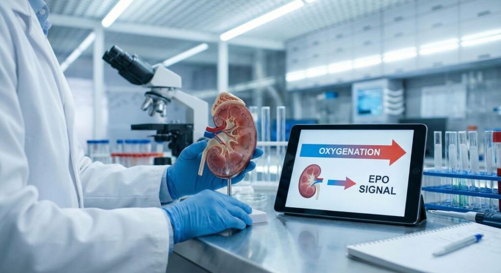 Model przekroju nerki na blacie w laboratorium, a na ekranie tabletu grafika wyjaśniająca sygnał erytropoetyny (EPO).