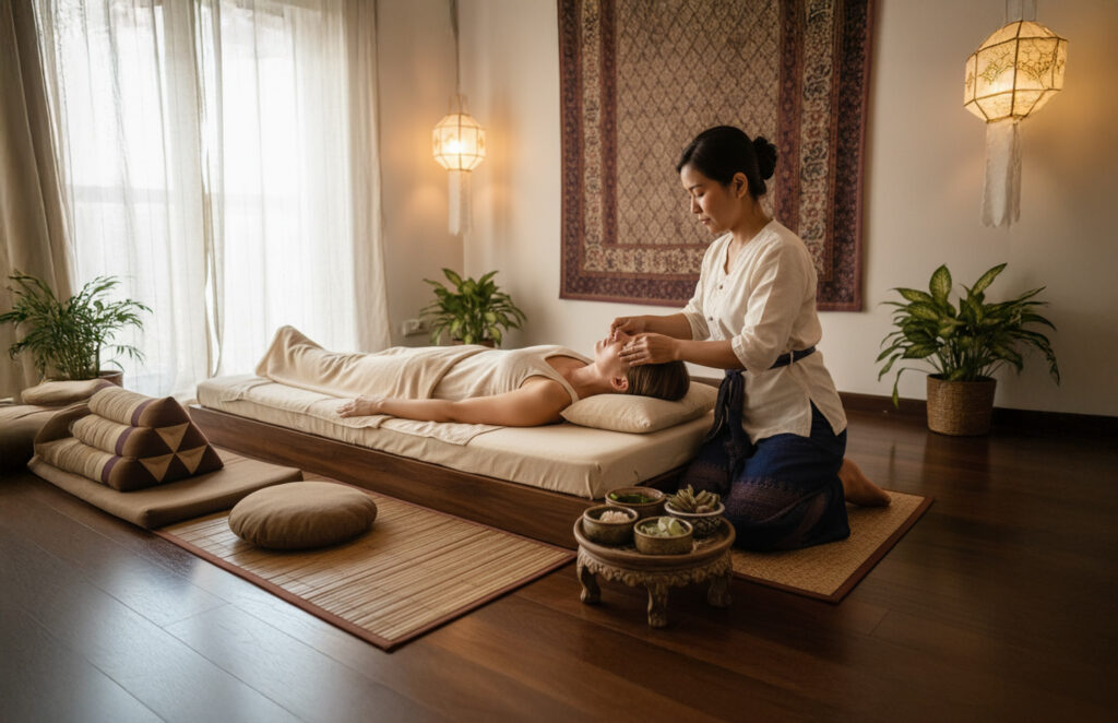 Masaż tajski w salonie spa – terapeutka wykonuje masaż twarzy i głowy podczas relaksacyjnego zabiegu