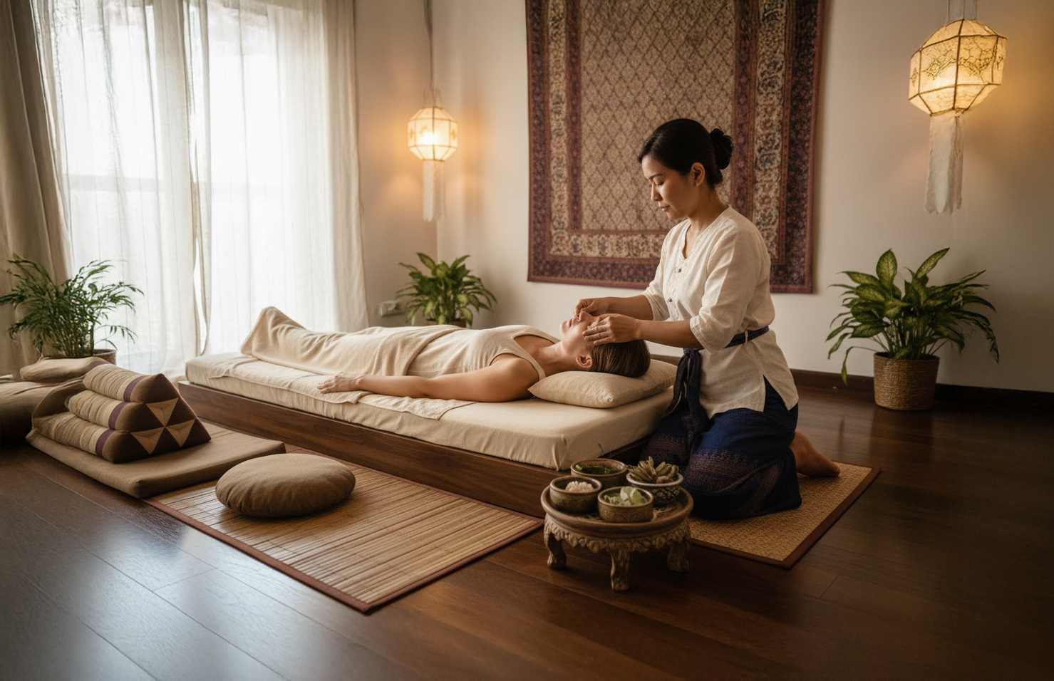 Masaż tajski w salonie spa – terapeutka wykonuje masaż twarzy i głowy podczas relaksacyjnego zabiegu