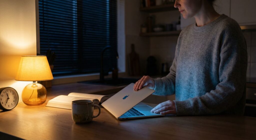 Kobieta zamyka laptopa przy ciepłej lampce wieczorem; na stole kubek i otwarta książka, scena kojarzona z higieną snu.