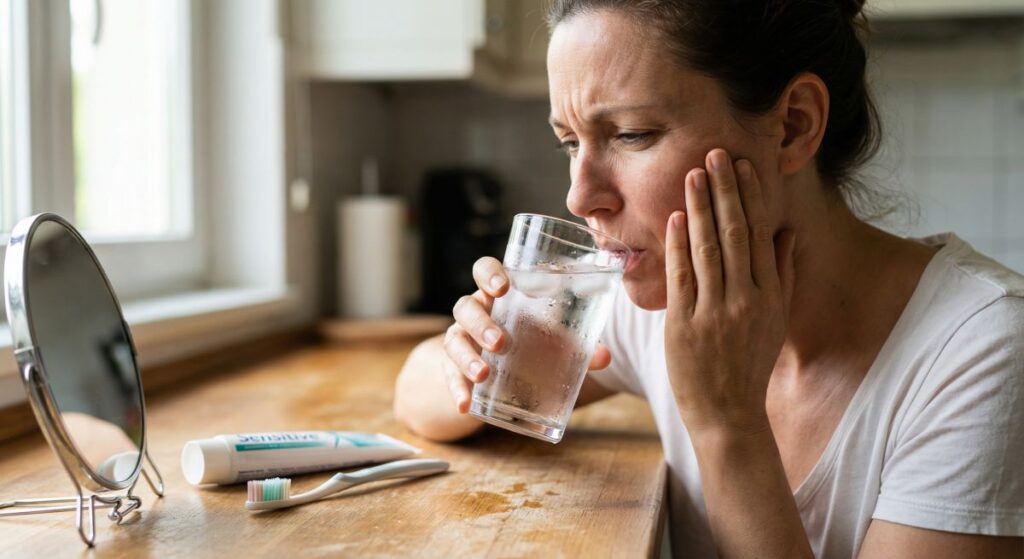 Kobieta trzyma policzek z grymasem bólu i pije wodę; na stole szczoteczka i pasta do zębów – objaw nadwrażliwości zębów.