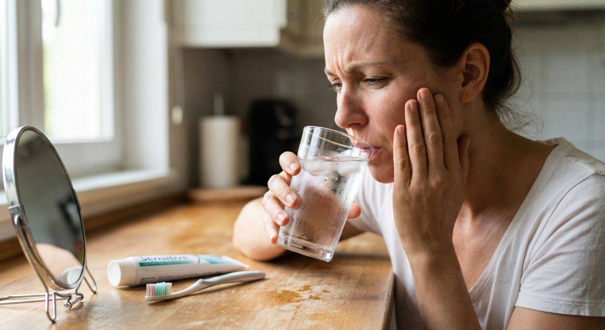 Kobieta trzyma policzek z grymasem bólu i pije wodę; na stole szczoteczka i pasta do zębów – objaw nadwrażliwości zębów.