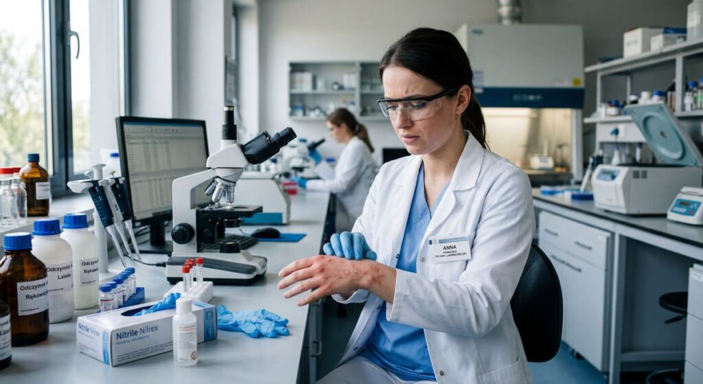Pracownica laboratorium z podrażnieniem skóry dłoni ilustruje problem alergii zawodowych oraz związanych z nimi praw pracowniczych