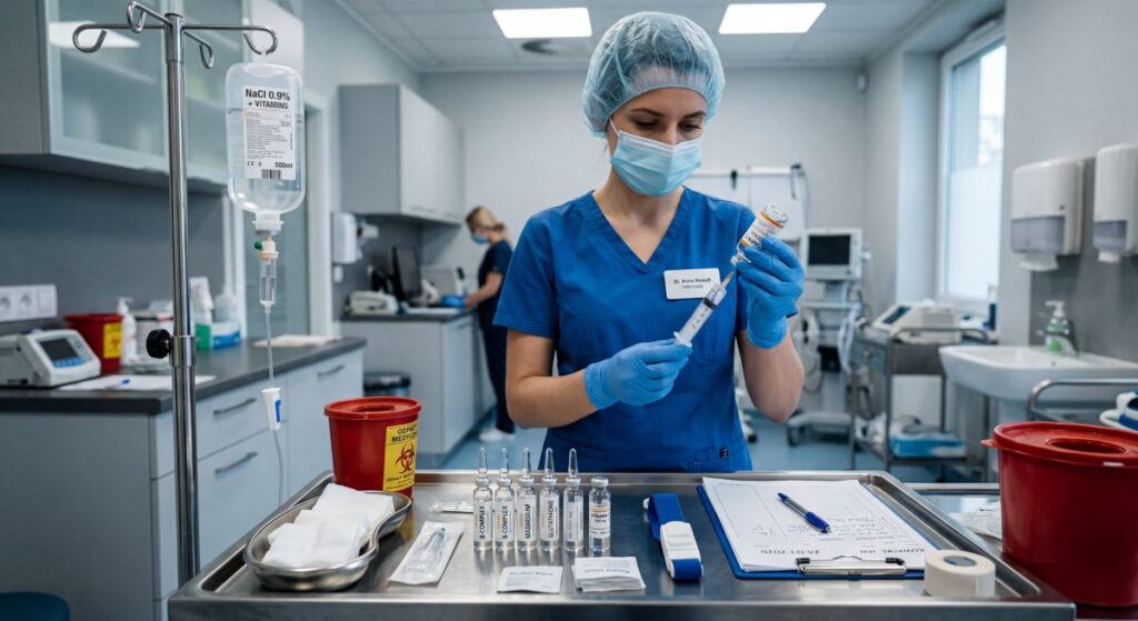 Personel medyczny przygotowuje kroplówkę witaminową i ampułki do wlewu w gabinecie zabiegowym, ilustrując działanie wlewów witaminowych.