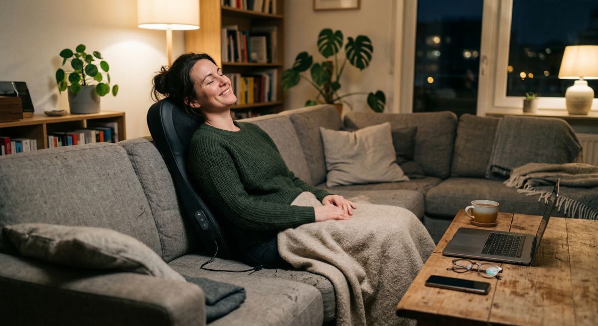 Kobieta relaksuje się w domu z masażerem do pleców na kanapie, szukając ulgi dla zmęczonego kręgosłupa i bólu pleców.