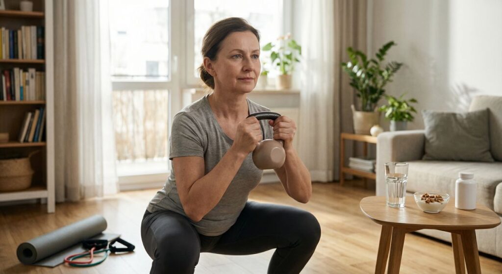 Kobieta ćwiczy w jasnym pokoju dziennym, trzymając kettlebell; na stoliku obok przekąska i szklanka wody.