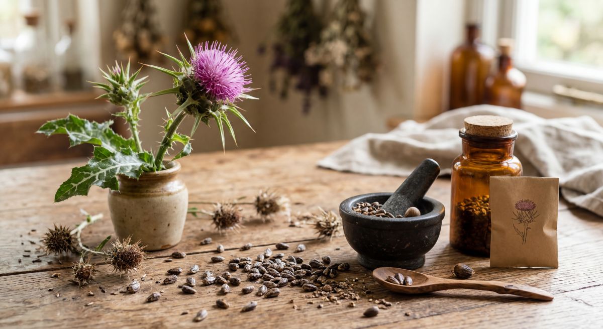 Ostropest plamisty, jego nasiona i preparaty ziołowe na stole, ilustrujące naturalne wsparcie dla wątroby