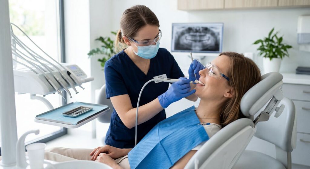Higienistka stomatologiczna wykonuje piaskowanie zębów pacjentki w gabinecie, ilustrując temat refundacji zabiegu przez NFZ