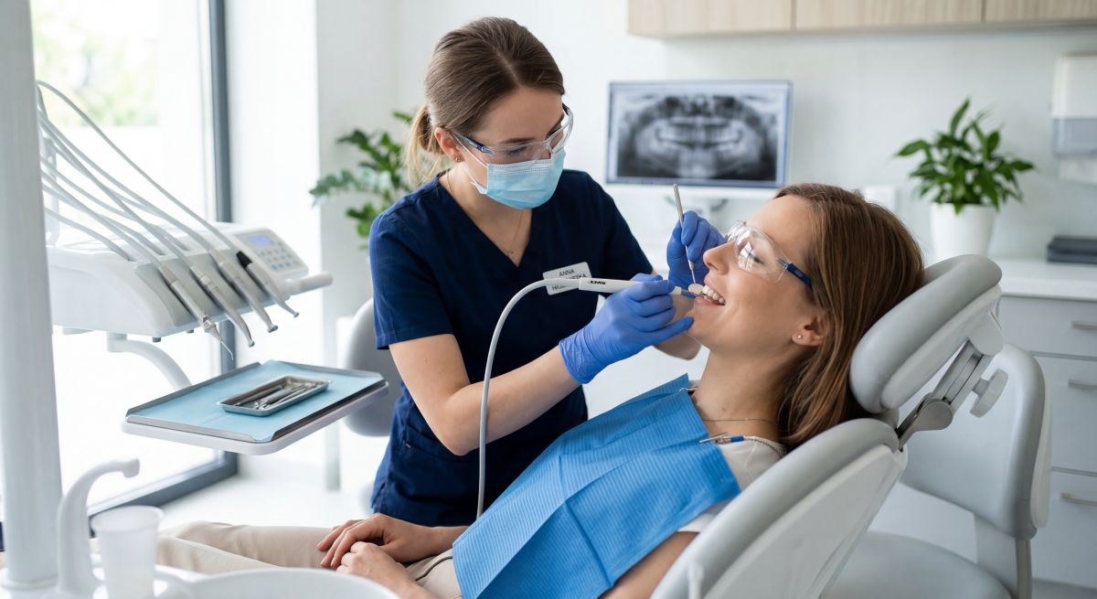 Higienistka stomatologiczna wykonuje piaskowanie zębów pacjentki w gabinecie, ilustrując temat refundacji zabiegu przez NFZ