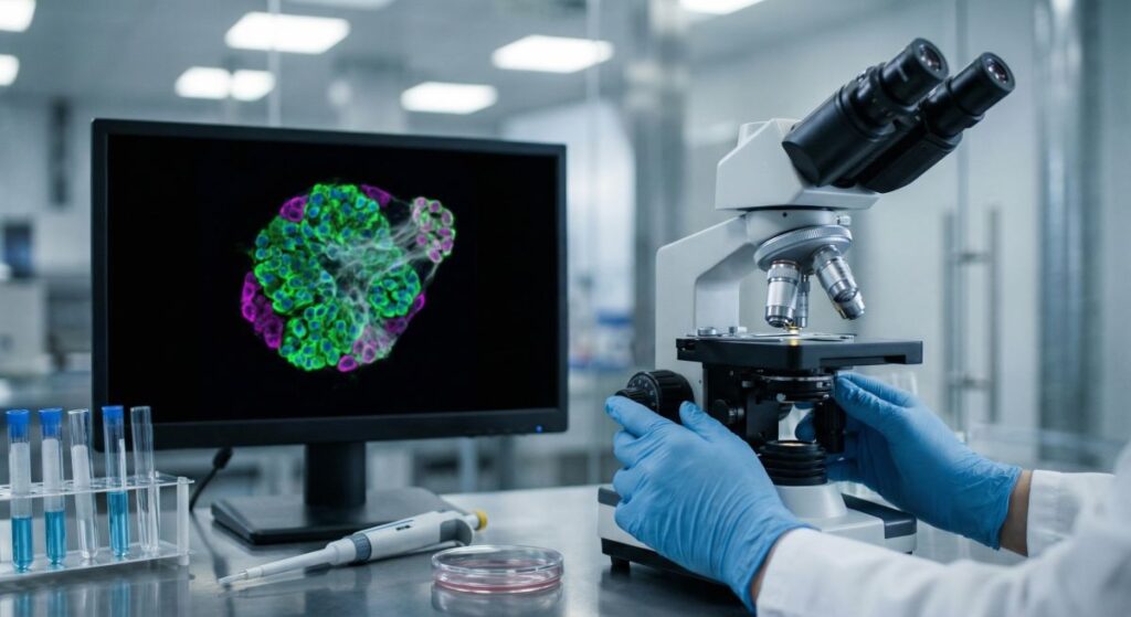 Mikroskop na stole laboratoryjnym obok probówek i pipety; ekran pokazuje wizualizację struktur komórkowych.