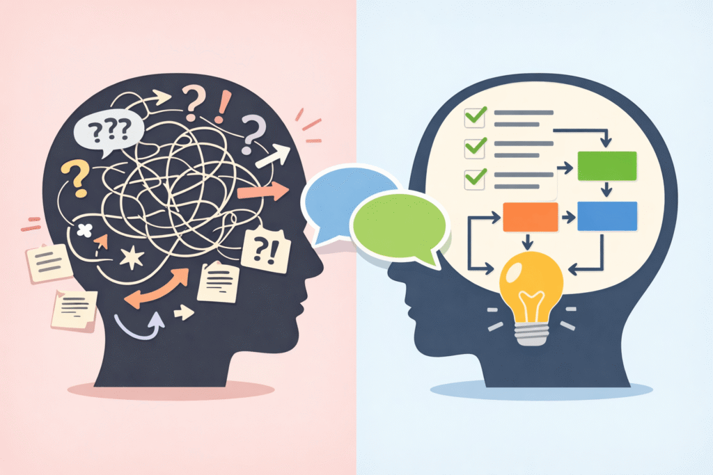 Ilustracja pokazująca, jak rozmowa i wsparcie innych pomagają uporządkować chaos myśli i znaleźć rozwiązanie problemu