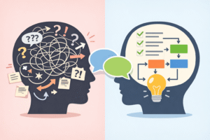 Ilustracja pokazująca, jak rozmowa i wsparcie innych pomagają uporządkować chaos myśli i znaleźć rozwiązanie problemu