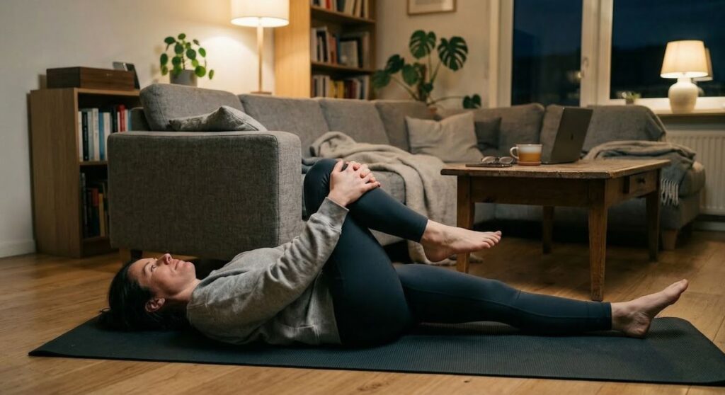 Kobieta wykonuje w domu ćwiczenie rozciągające dolny odcinek pleców, aby szybko rozluźnić spięte mięśnie i zmniejszyć ból pleców.