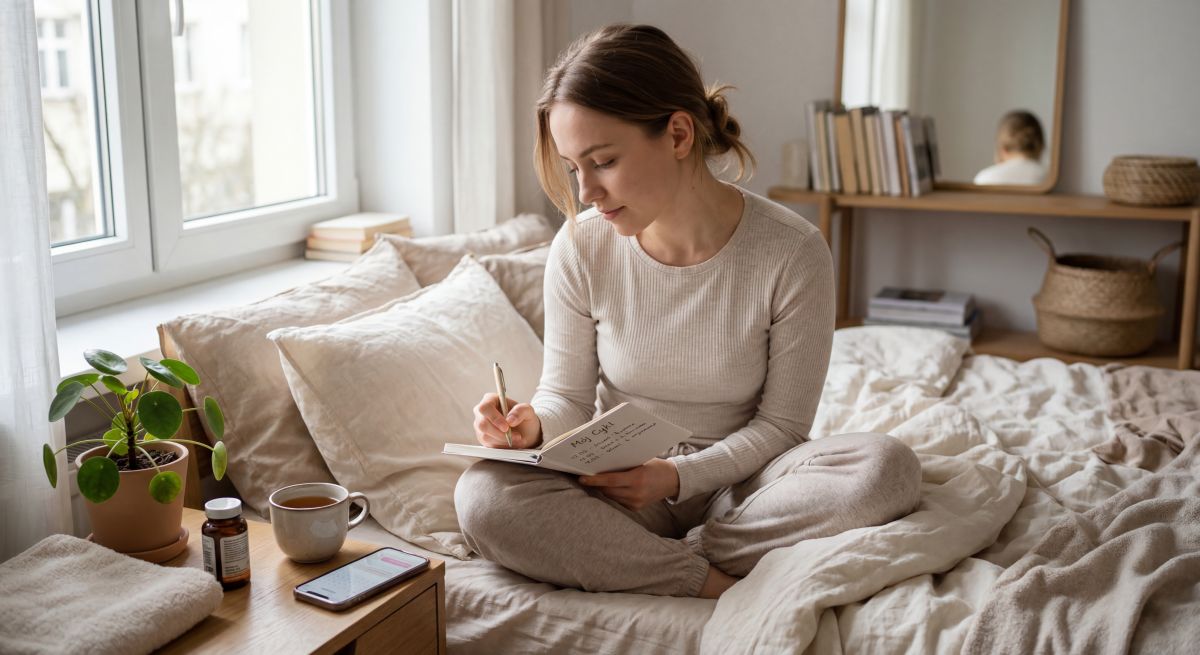 Kobieta prowadzi notatki o cyklu menstruacyjnym w sypialni, ilustrując obserwację śluzu przed okresem i jego znaczenie dla zdrowia