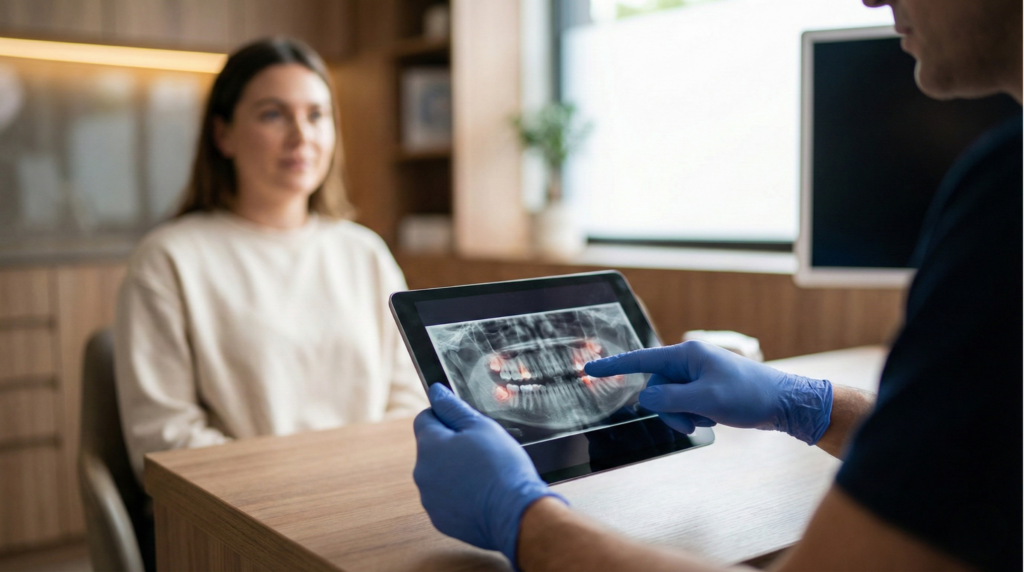 Pacjentka podczas konsultacji stomatologicznej w gabinecie