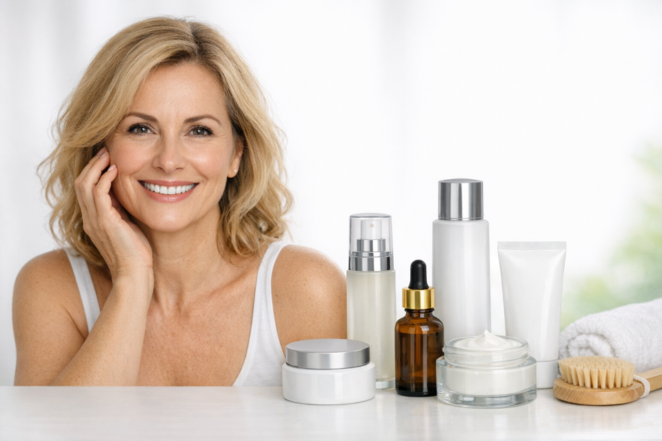 kobieta z zestawami kosmetycznymi i akcesoriami do pielęgnaji twarzy