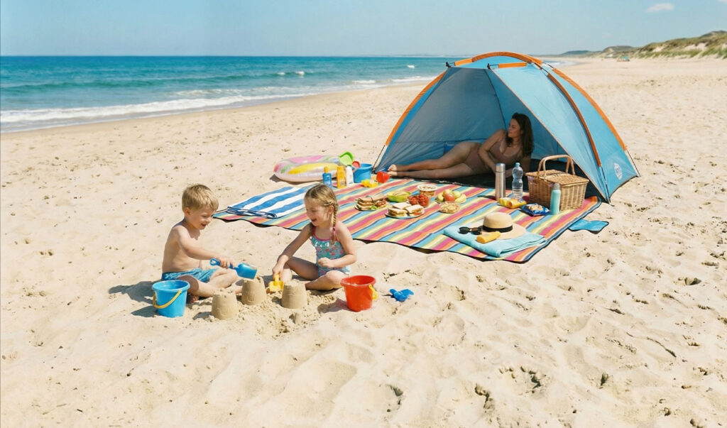 rodzinny namiot plażowy z osłoną UV i dziećmi bawiącymi się w piasku