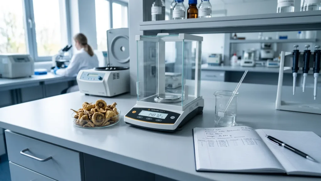 Zbliżenie na surowy korzeń maca przygotowany do badań laboratoryjnych w profesjonalnym gabinecie.