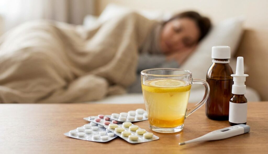 chora kobieta leży w łóżku, a na stoliku stoją herbata z cytryną, leki, termometr i spray do nosa
