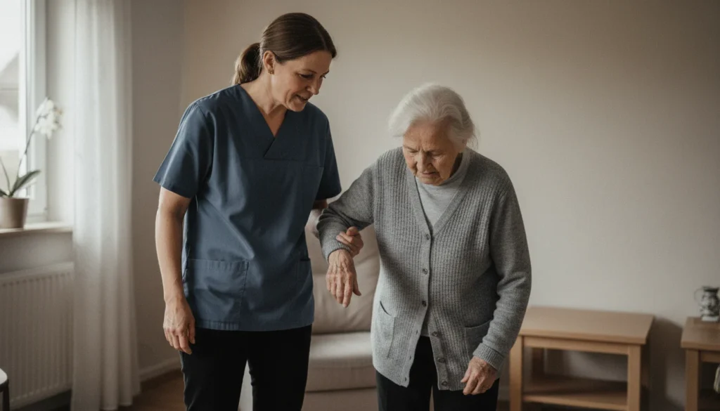 opiekunka pomagająca wstać osobie starszej