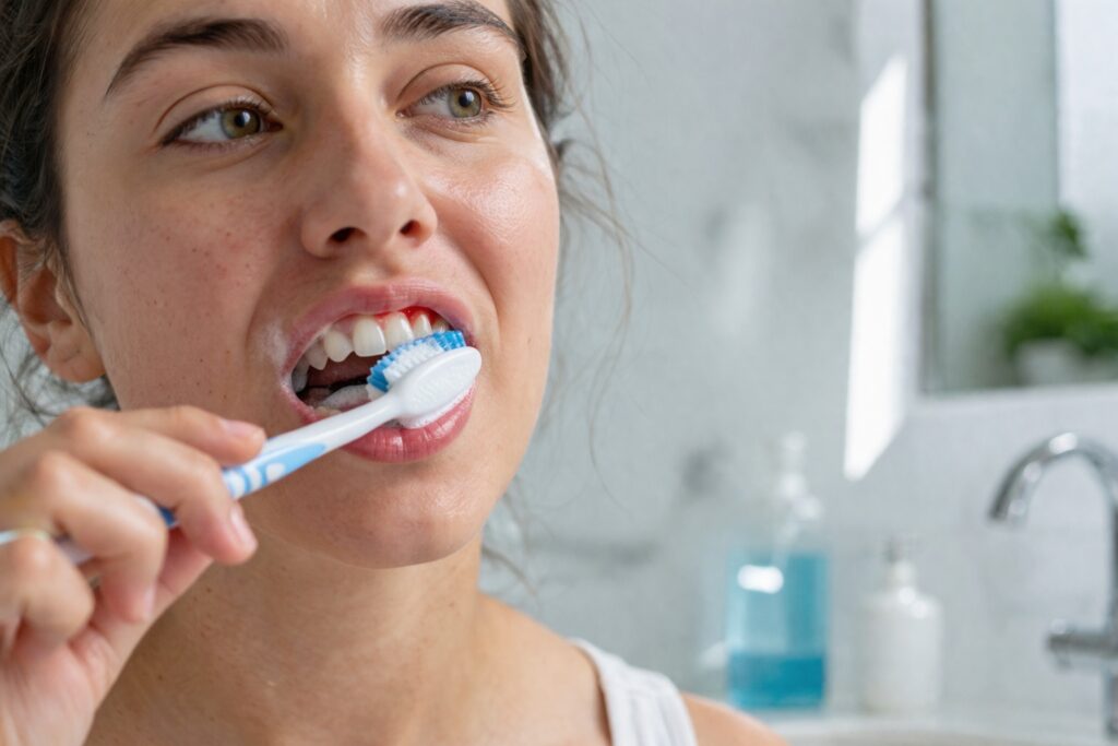 kobieta szczotkująca zęby miękką szczoteczką delikatną pastą do zębów