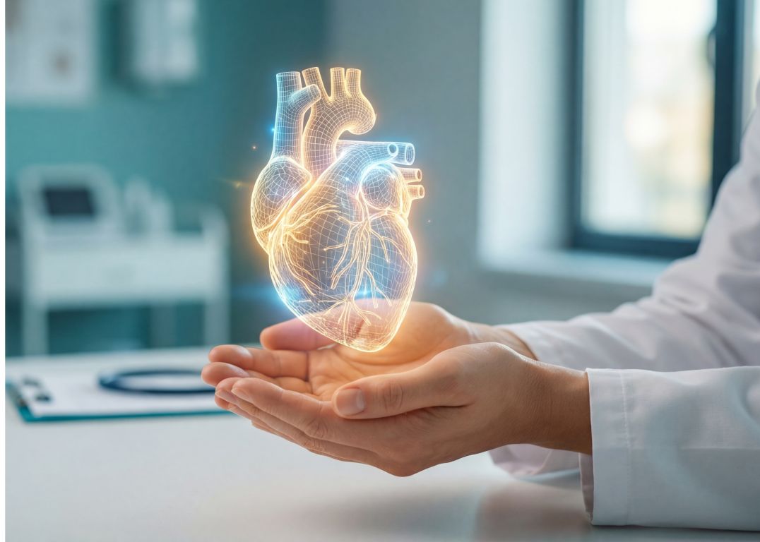 Lekarz w białym kitlu trzyma dłonie złożone w miseczkę, nad którymi unosi się świecący, futurystyczny hologram ludzkiego serca z widoczną siecią naczyń krwionośnych w jasnym gabinecie lekarskim.
