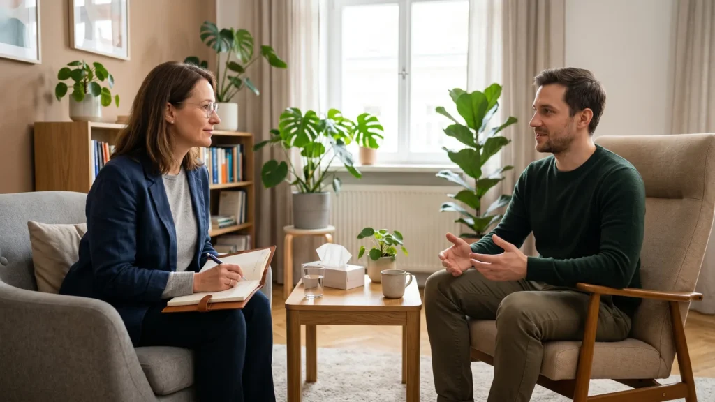 Psycholog podczas sesji terapeutycznej z pacjentem w przyjaznym gabinecie