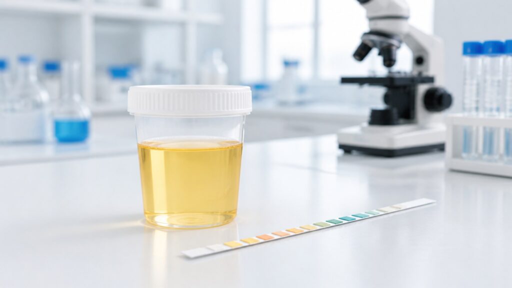 Pojemnik z próbką moczu i pasek testowy w laboratorium diagnostycznym
