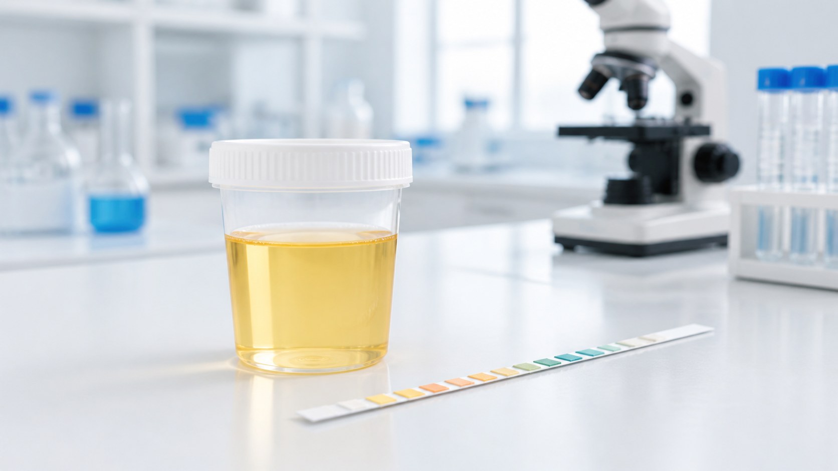 Pojemnik z próbką moczu i pasek testowy w laboratorium diagnostycznym