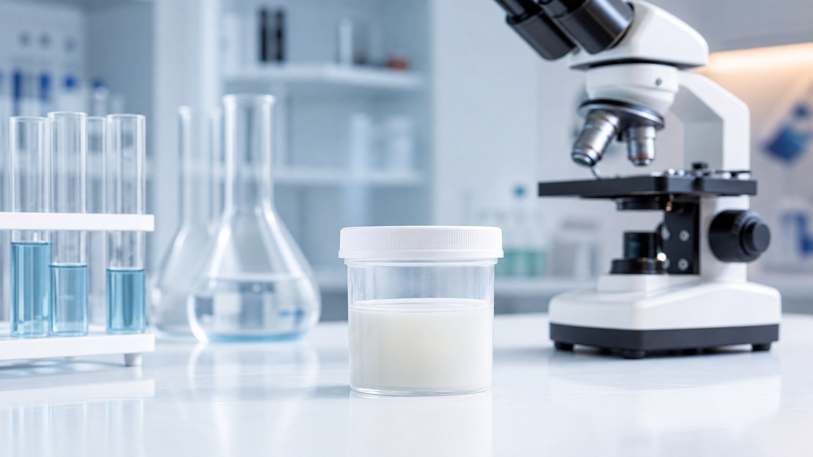 Pojemnik z próbką do badania nasienia w laboratorium diagnostycznym