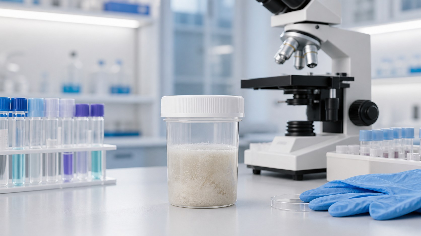Pojemnik z próbką plwociny w laboratorium mikrobiologicznym
