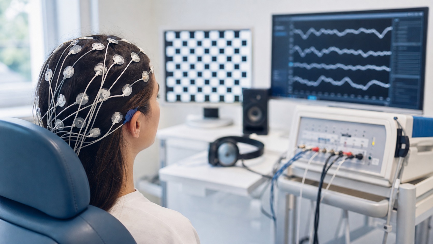 Pacjent z elektrodami podczas badania potencjałów wywołanych w pracowni neurofizjologicznej