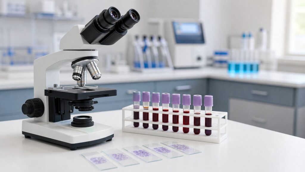 Mikroskop i próbki krwi przygotowane do diagnostyki białaczki