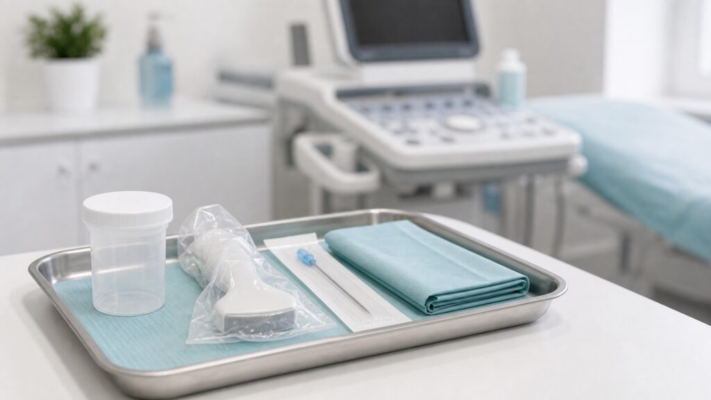 Sterylne narzędzia i pojemnik na próbkę przygotowane do biopsji nerki