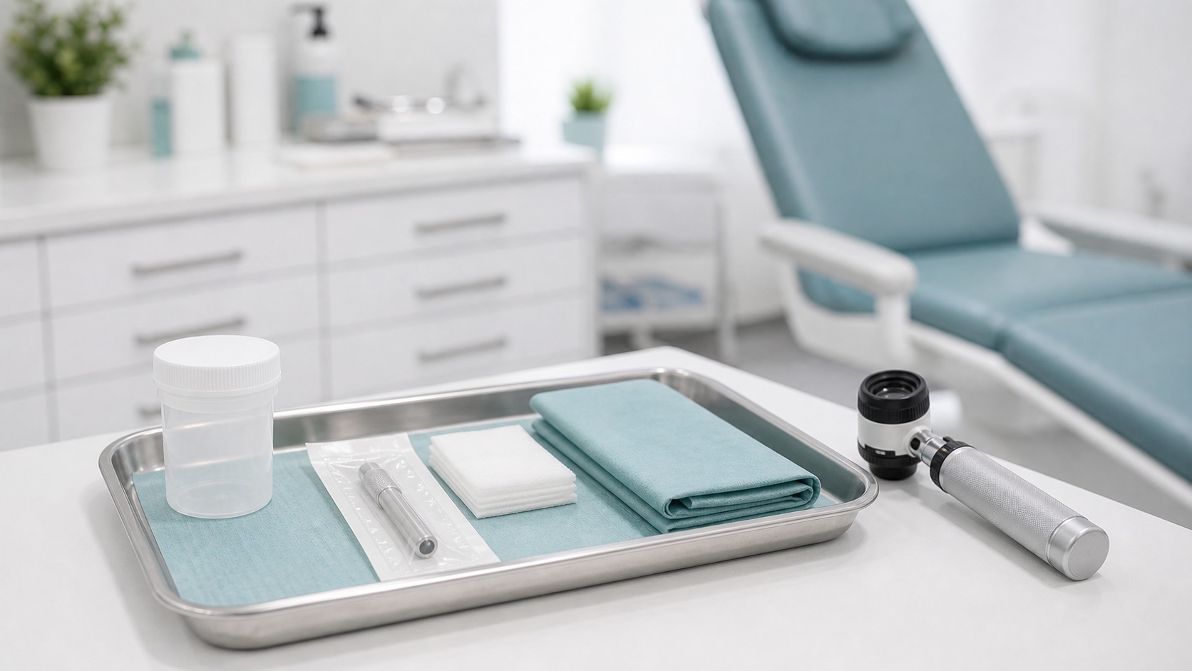 Sterylne narzędzia dermatologiczne i pojemnik na próbkę przygotowane do biopsji skóry