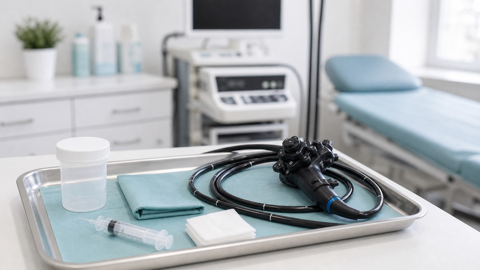 Endoskop i pojemnik na próbkę przygotowane do biopsji jelita cienkiego