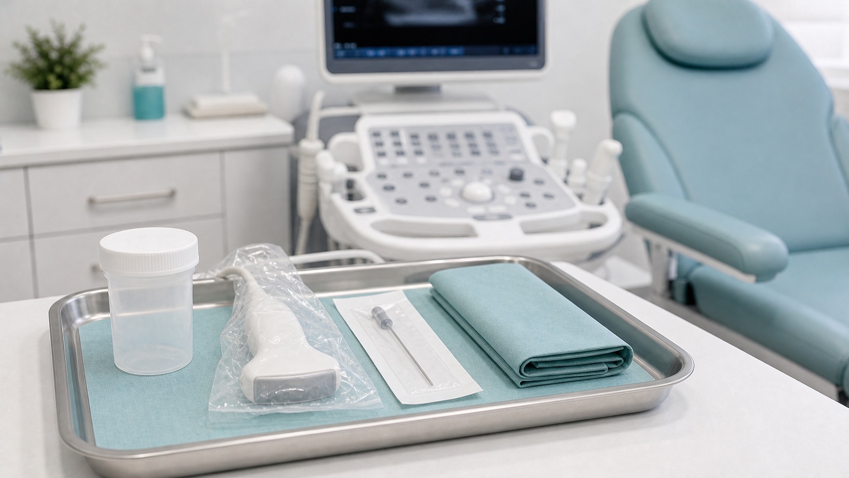 Sterylne narzędzia i ultrasonograf przygotowane do biopsji trofoblastu
