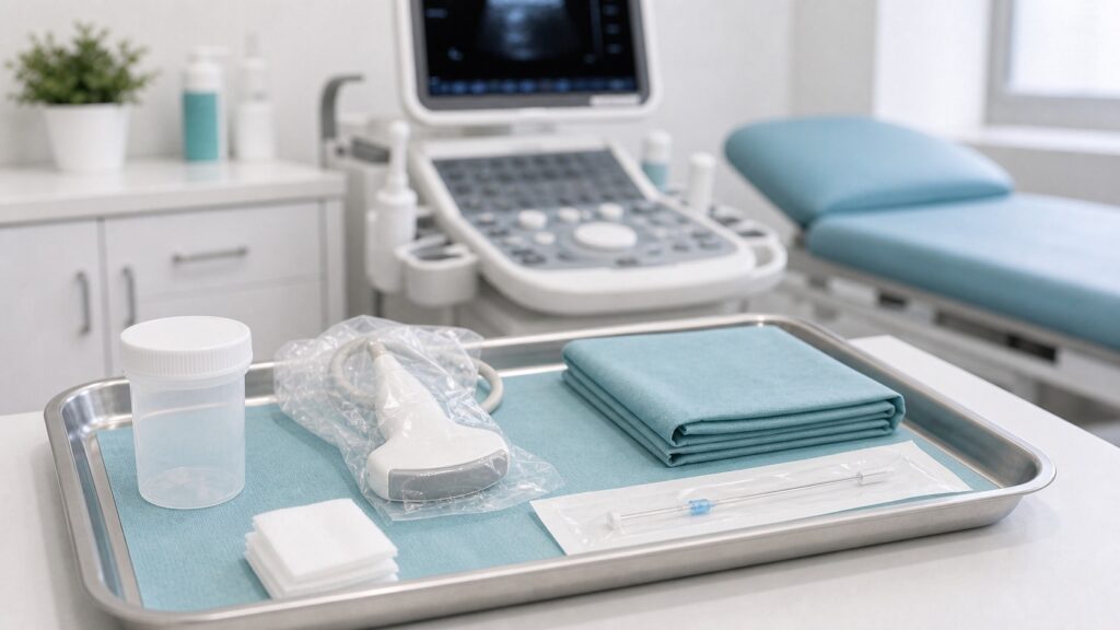 Sterylne narzędzia i ultrasonograf przygotowane do biopsji wątroby
