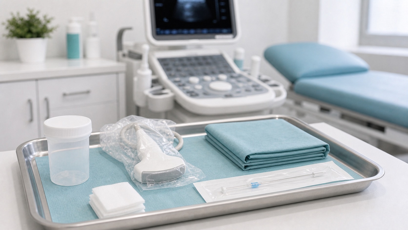 Sterylne narzędzia i ultrasonograf przygotowane do biopsji wątroby
