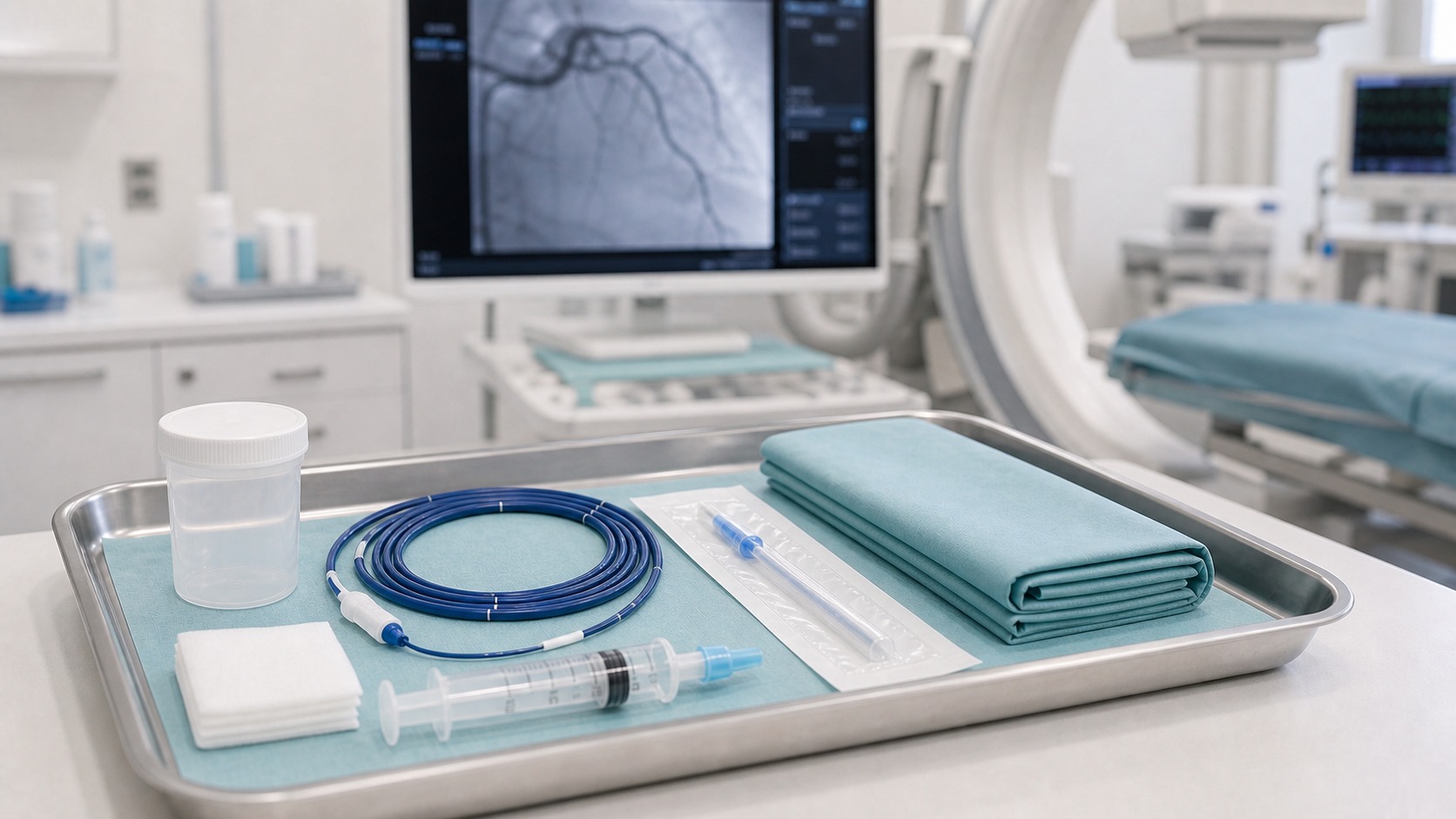 Sterylne narzędzia przygotowane do cewnikowania serca w pracowni hemodynamicznej