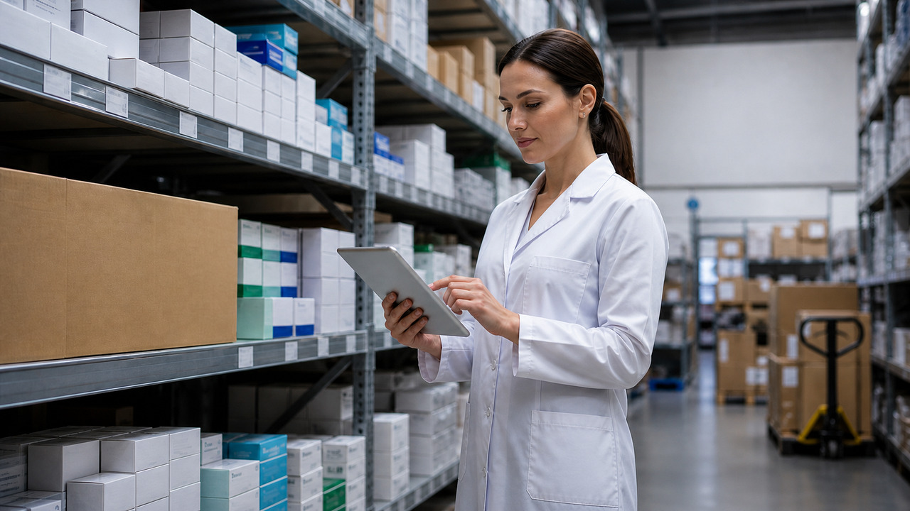 Pracownica magazynu farmaceutycznego sprawdza zapasy na tablecie