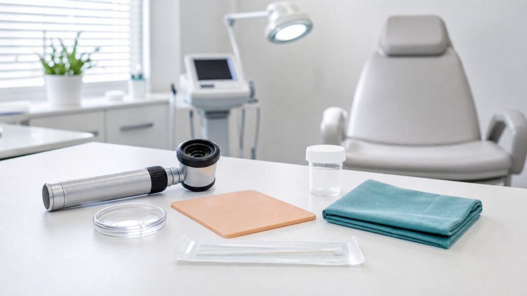 Gabinet dermatologiczny z dermatoskopem przy artykule o chorobach skóry