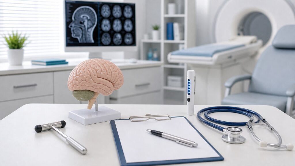 Gabinet neurologiczny z modelem mózgu przy artykule o chorobach układu nerwowego